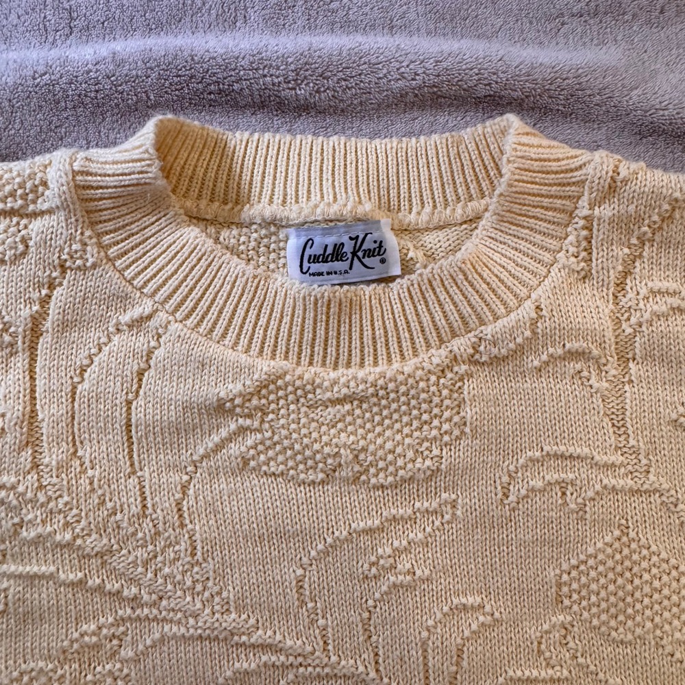 Vintage Floral Textured Short Sleeve Sweater Cottagecore USA Butter Yellow Sz L - Picture 4 of 10